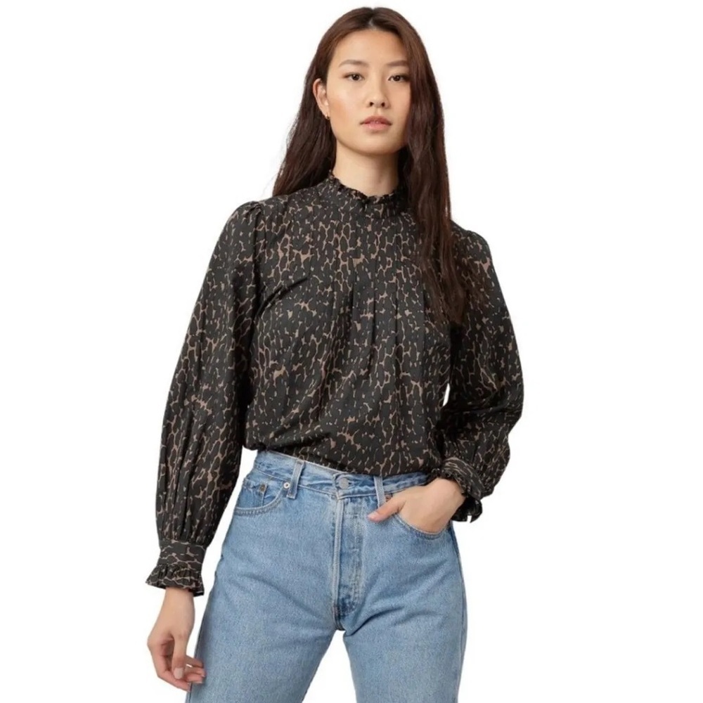 Rails Ariana Blouse Mock Neck Ruffle Cotton Cheetah Animal Print